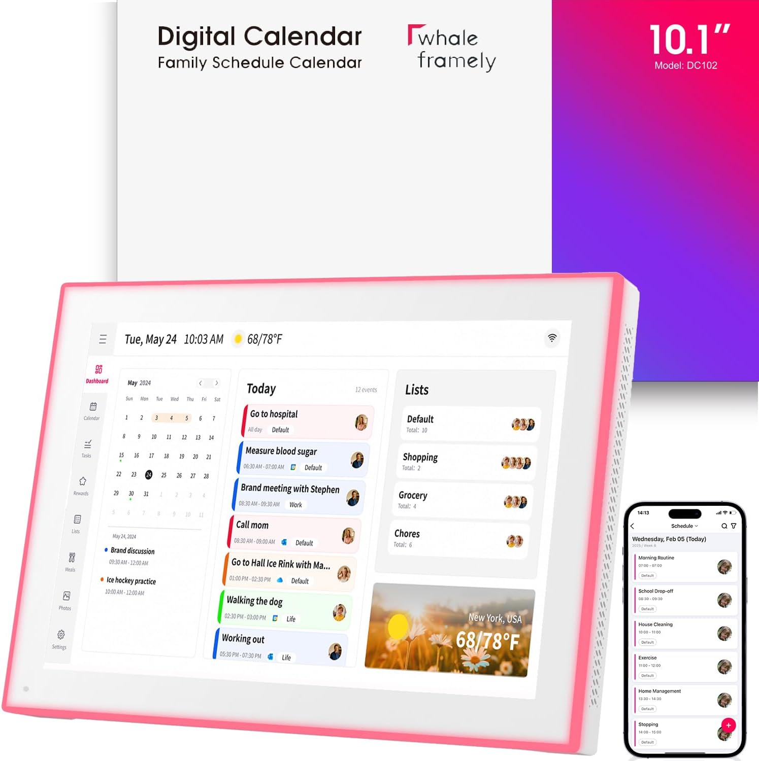 DXMART 10.1" Digital Calendar & Chore Chart, LED Reminder Light, Smart Touchscreen Interactive Display for Family Schedules, Digital Photo Frame Functon, Wall & Desk Mountable, Great for Organizing Your 2026 Calendar