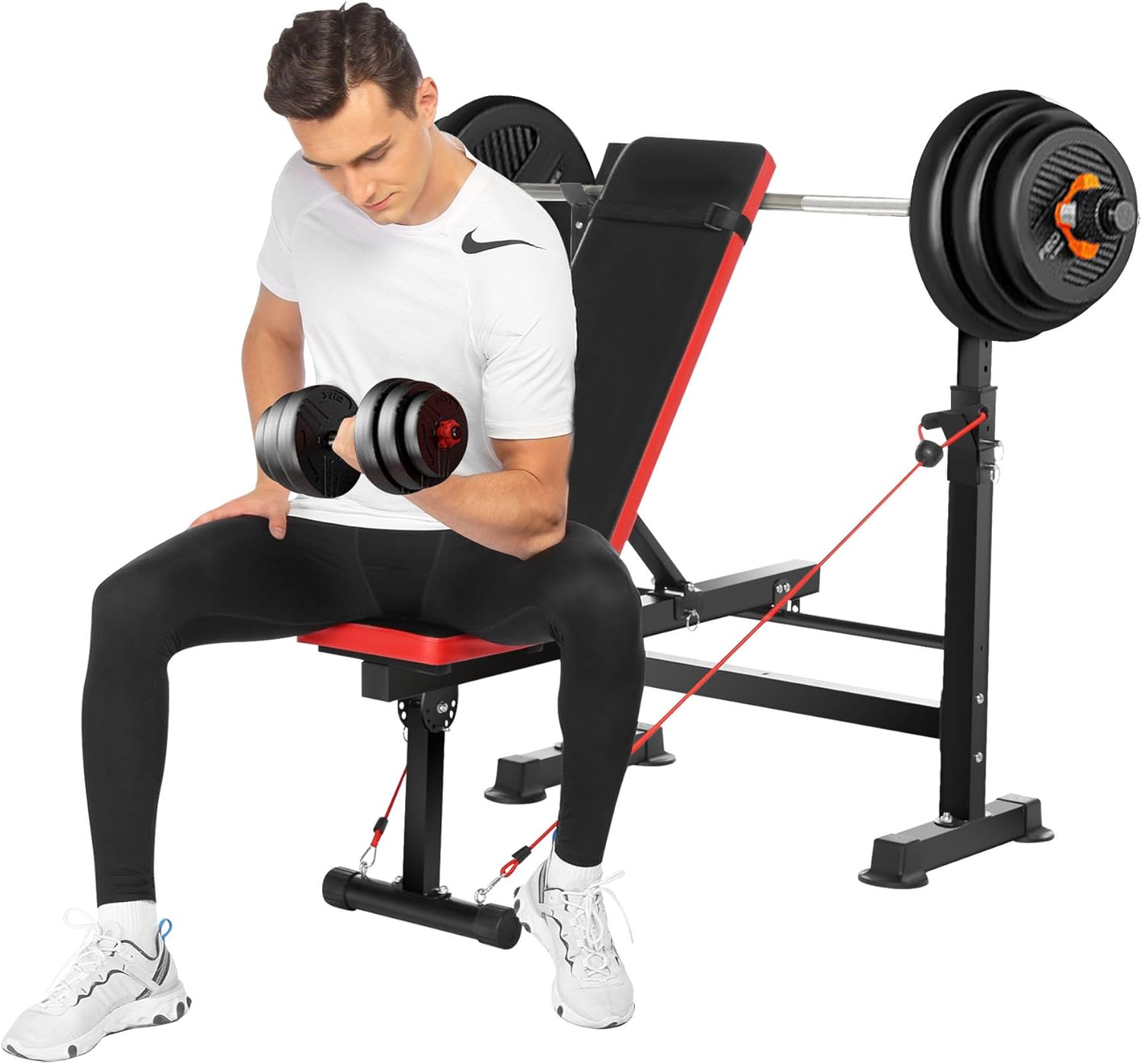 Angotrade 600lbs Adjustable Olympic Weight Bench Set with Squat Rack Foldable Workout Bench Press Set with Preacher Curl & Leg Developer for Full-Body Workout
