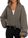 Famulily Women's Zip Up Fleece Cropped Y2K Jacket Sweaters Oversized Long Sleeve Clothes with Pockets Drawstring Hem