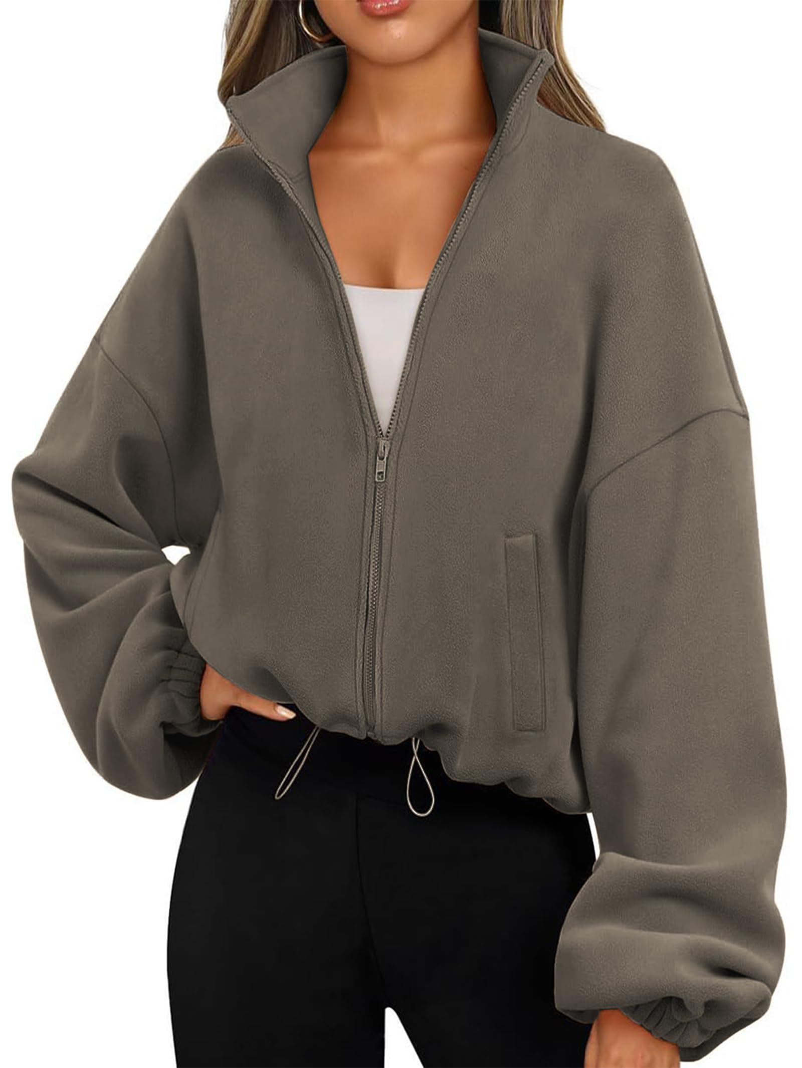 Famulily Damen Drawstring Saum Langarm Crop Sweatshirt Tops Full Zip Fleece Kurze Jacke mit Taschen S bis XL