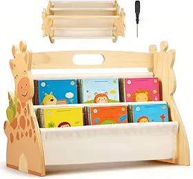 Estante infantil dupla face, estante infantil de 4 níveis, prateleira de madeira Montessori para livros de bebê, prateleiras portáteis para exibição de livros, organizador de armazenamento de estante