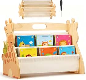 Estante infantil dupla face, estante infantil de 4 níveis, prateleira de madeira Montessori para livros de bebê, prateleiras portáteis para exibição de livros, organizador de armazenamento de estante