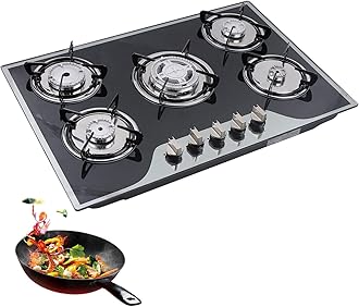 Built-in Gas Cooktop, 5 Burners Hob Cooker, Stainless Steel, Tempered Glass Gas Stove, Automatic Pulse Ignition 770 x 510 (30.3 "x 20")