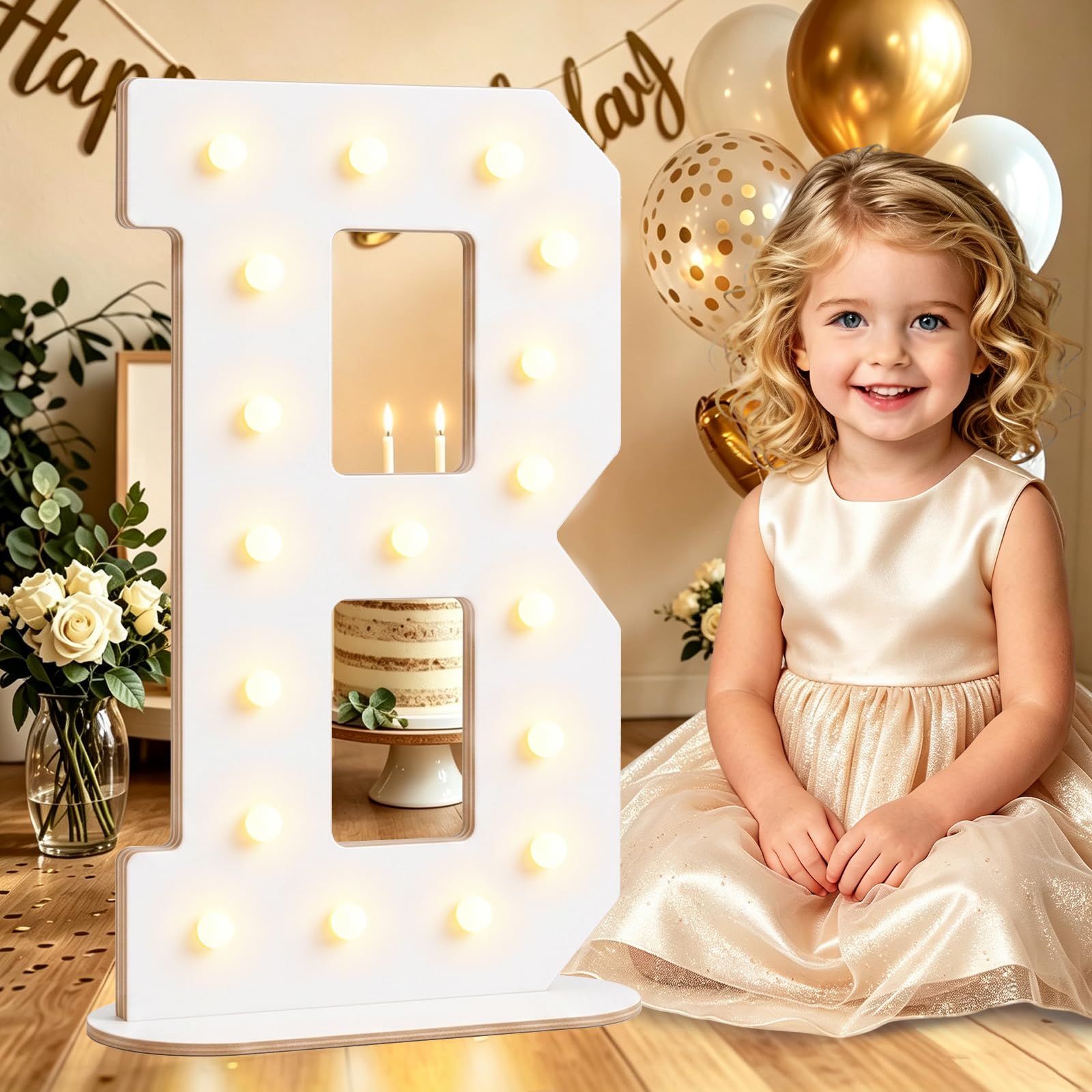 Large 44CM White Wooden Light Up Letters B for Birthday Party Decorations