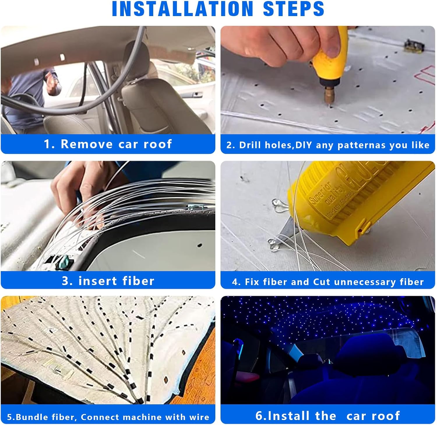 Starlight Headliner Kit Dual Color 1000 Piece Twinkle 0.03in(9.8ft/3m) Fiber Optic Light Kits Car Roof Lights RGBW Music Activated/APP Control Star Lights for Car Theater Game Bed Room Ceiling