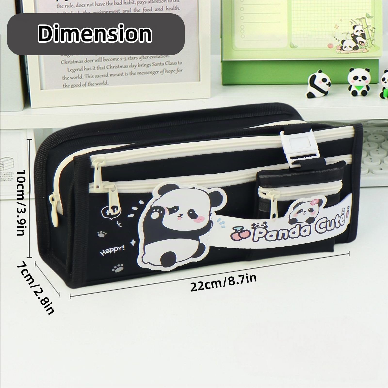 Trousse Scolaire Panda Kawaii Grande Capacité Plusieurs Compartiments Noir