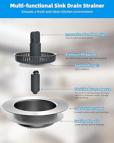 Vista 31 de Hibbent - Combo de colador y tapón de drenaje desplegable 3 en 1 para fregadero de cocina, de acero inoxidable, cesta antiobstrucción, con mango