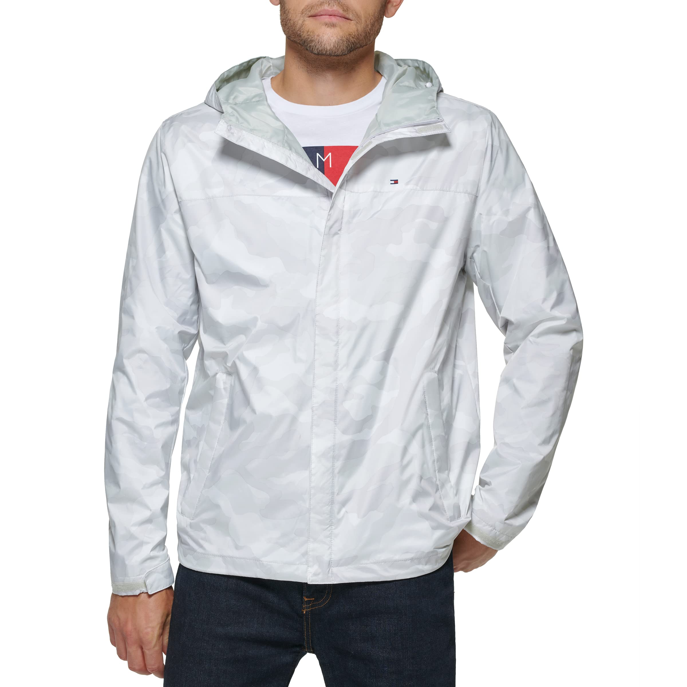 Tommy Hilfiger Men's Ice Camouflage Lightweight Breathable Waterproof Hooded Rain Jacket Raincoat, 2X
