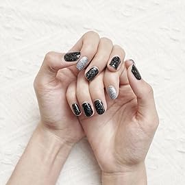 DUKASOU Semi Cured Gel Nail Strips, Black Glitter 28 PCS Solid Color Gel Nail Strips Works with UV Light, Salon Quality Nails Stickers Full Nails Wraps