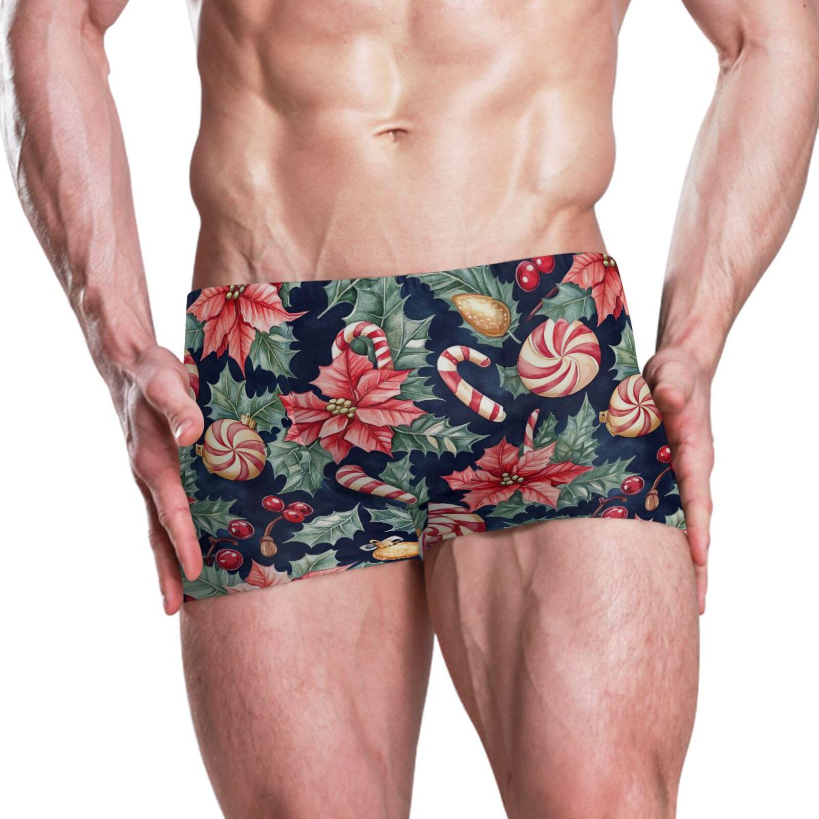 UMIRIKO Christmas Candy Poinsettia Men Swim Brief Square Leg Swimsuit Swimwear Bathing Suits for Men M 202b7077i