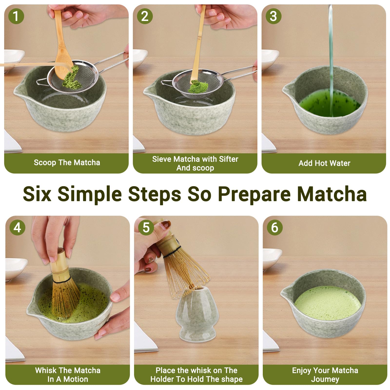 Kit de Ceremonia Japonesa de Matcha de 6 Piezas – Matcha Set con Cuenco de Matcha,Colador,Soporte para Batidor,Batidor de Matcha de Bambú,Cuchara y Pala – Set de Regalo para Amantes del Matcha