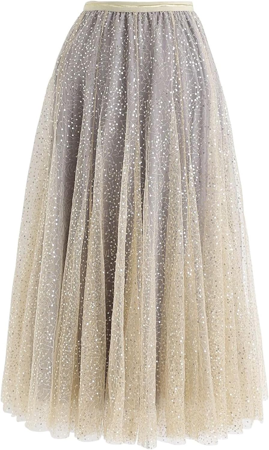 CHICWISH Women Tulle Mesh Sequin Skirts Elastic Waist Pleated Midi Skirt Sparkle Layered Flowy Fairy Tutu Skirts - Image 3