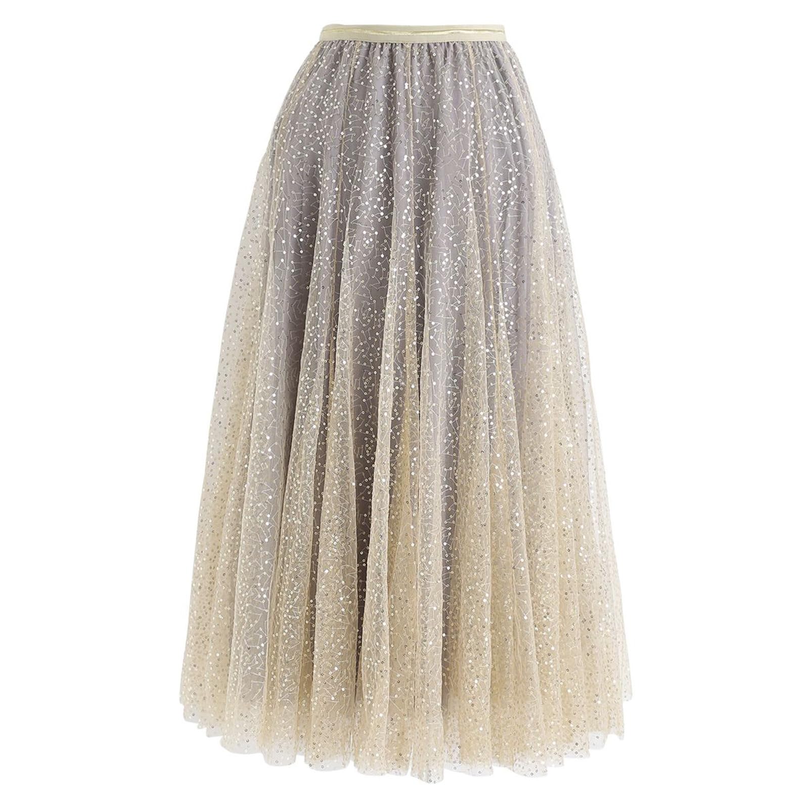 CHICWISH Faldas de tul con lentejuelas para mujer, cintura elástica, plisada, falda midi con capas brillantes, faldas tutú de hadas