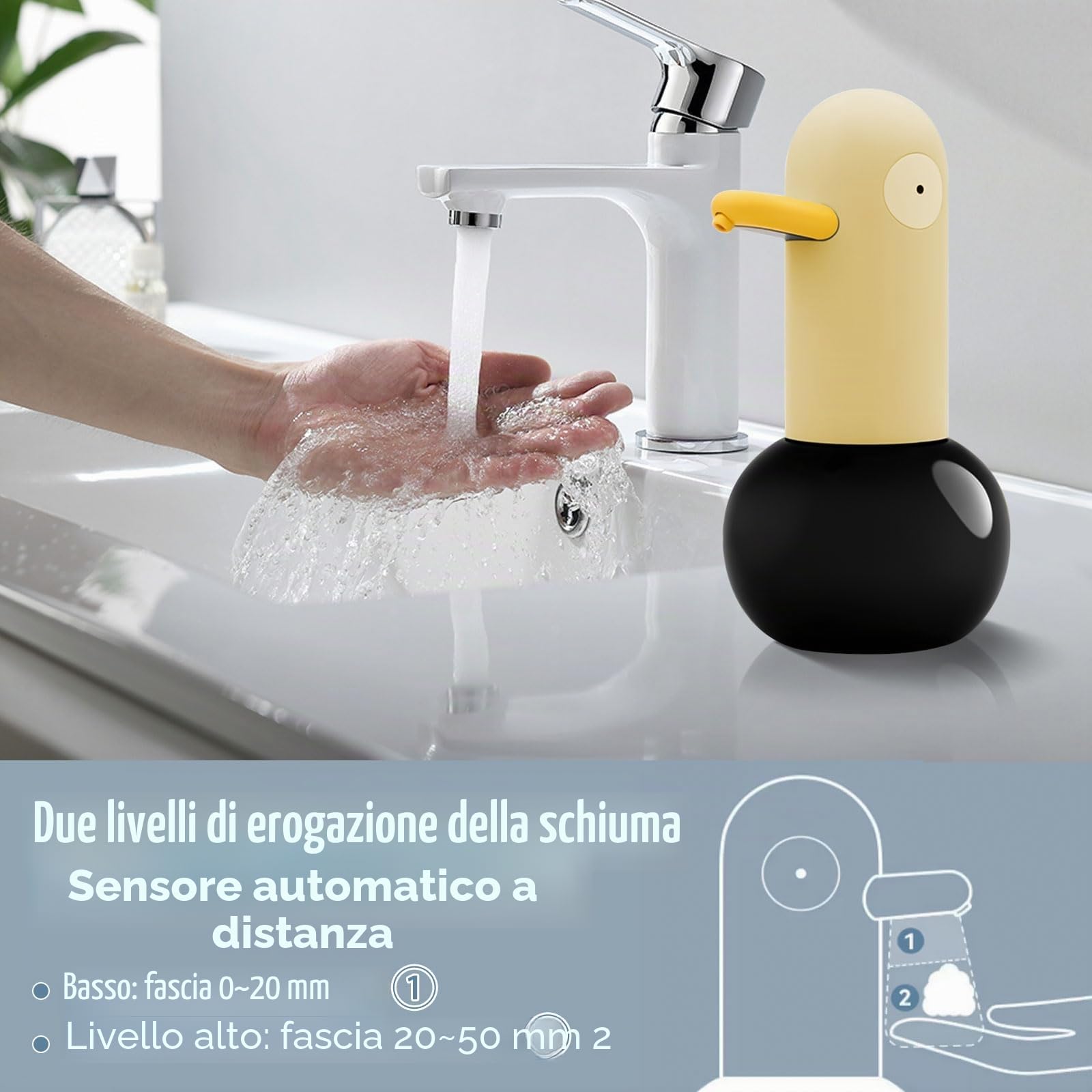 2 dispenser automatico di sapone da 400 ml, a forma di anatra in stile cartone animato, senza contatto, ricaricabile, automatico, per casa, ufficio, hotel, scuola materna