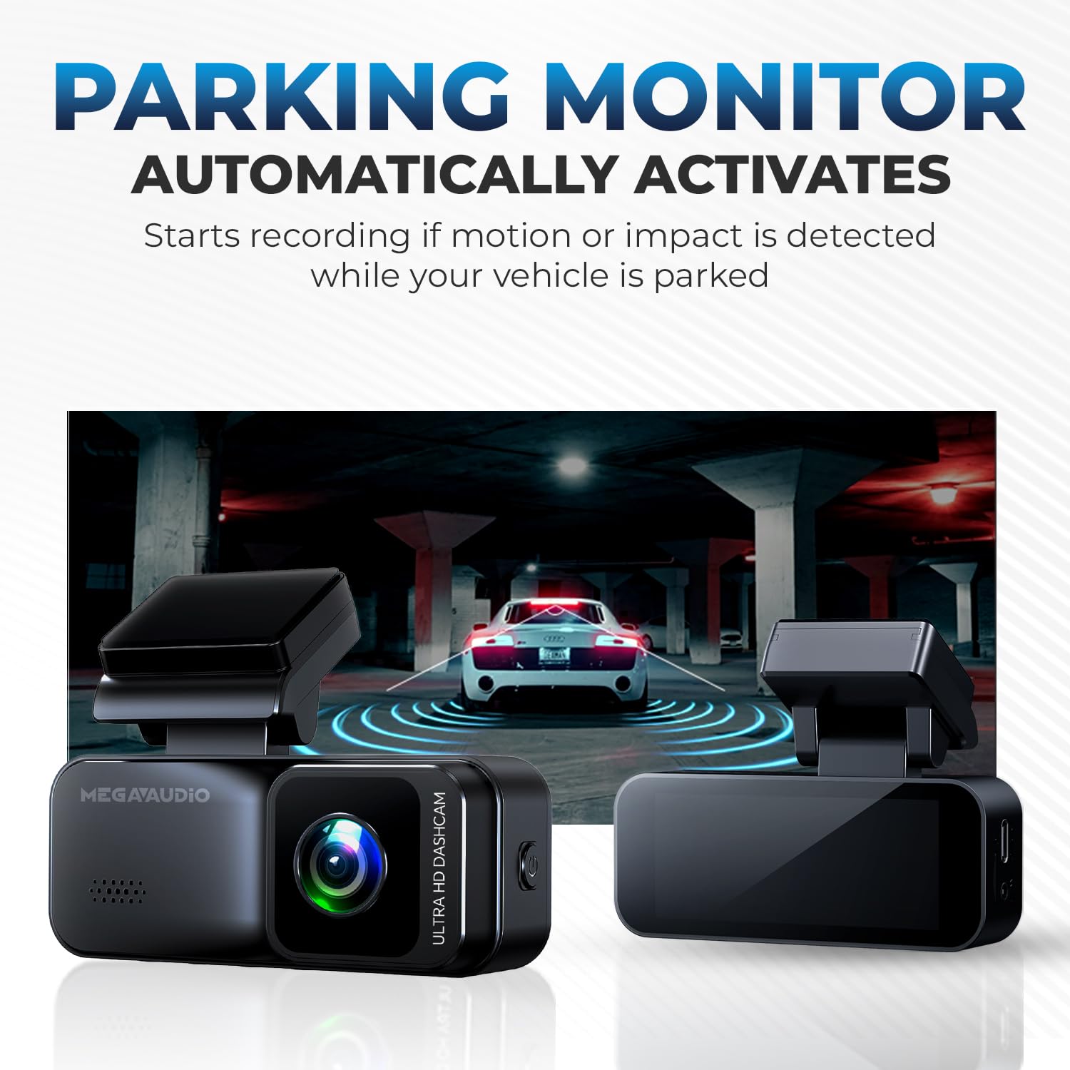 MEGAAUDIO MADVR08 4K Dash Cam | 3.18" Screen | 4096x2160 Front & 1920x1080 Rear | Wi-Fi & GPS | Night Vision | Parking Monitor | G-Sensor | Loop Recording | App Control | 64GB TF Card 3