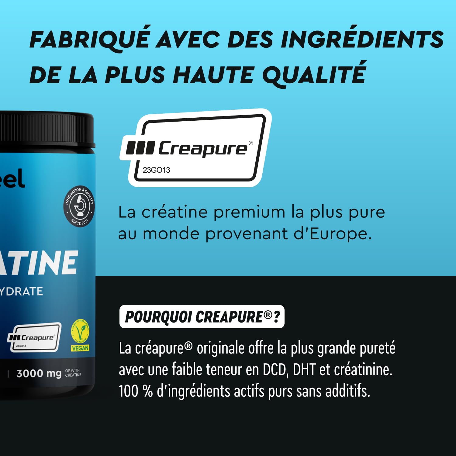 Créatine Monohydrate Poudre 100% Pure, Creatine Creapure® 3000mg par Dose, 147 Portions, Prise de Masse et Puissance Musculaire*, Non Aromatisé, Végane, Certifiée et Testé en Laboratoire, 500 g