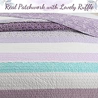 Vista 4 de Cozy Line Home Fashions - Juego de ropa de cama reversible de 100 % algodón con volantes y estampado floral azul bebé morado, colcha para todas