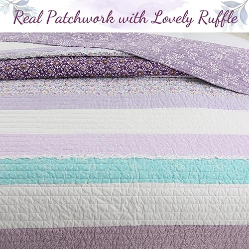 Miniatura 5 de Cozy Line Home Fashions Purple Cosmos Spring Floral Stripe Garden Lavender Teal & White Ruffle Cotton Reversible Juego de ropa de cama