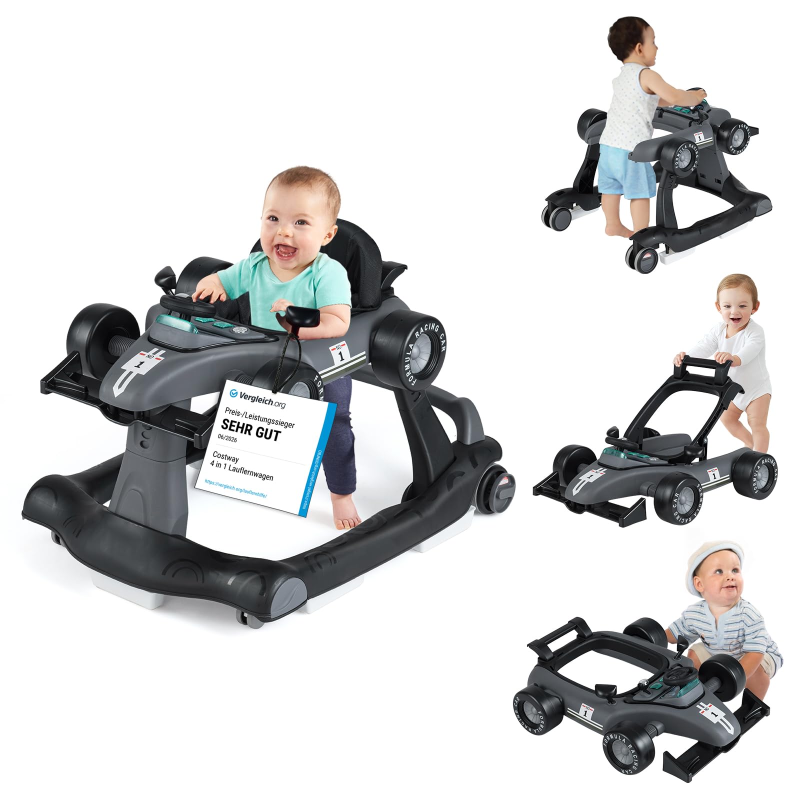 COSTWAY Trotteur Bébé Garçon Pliable 4 en 1 avec 3 Hauteur Réglable, Trotteur Marche Bébé Garçon Évolutif avec Musique & Lumière, Roues Silencieuses, 5 Patins Antidérapants (Gris Foncé)