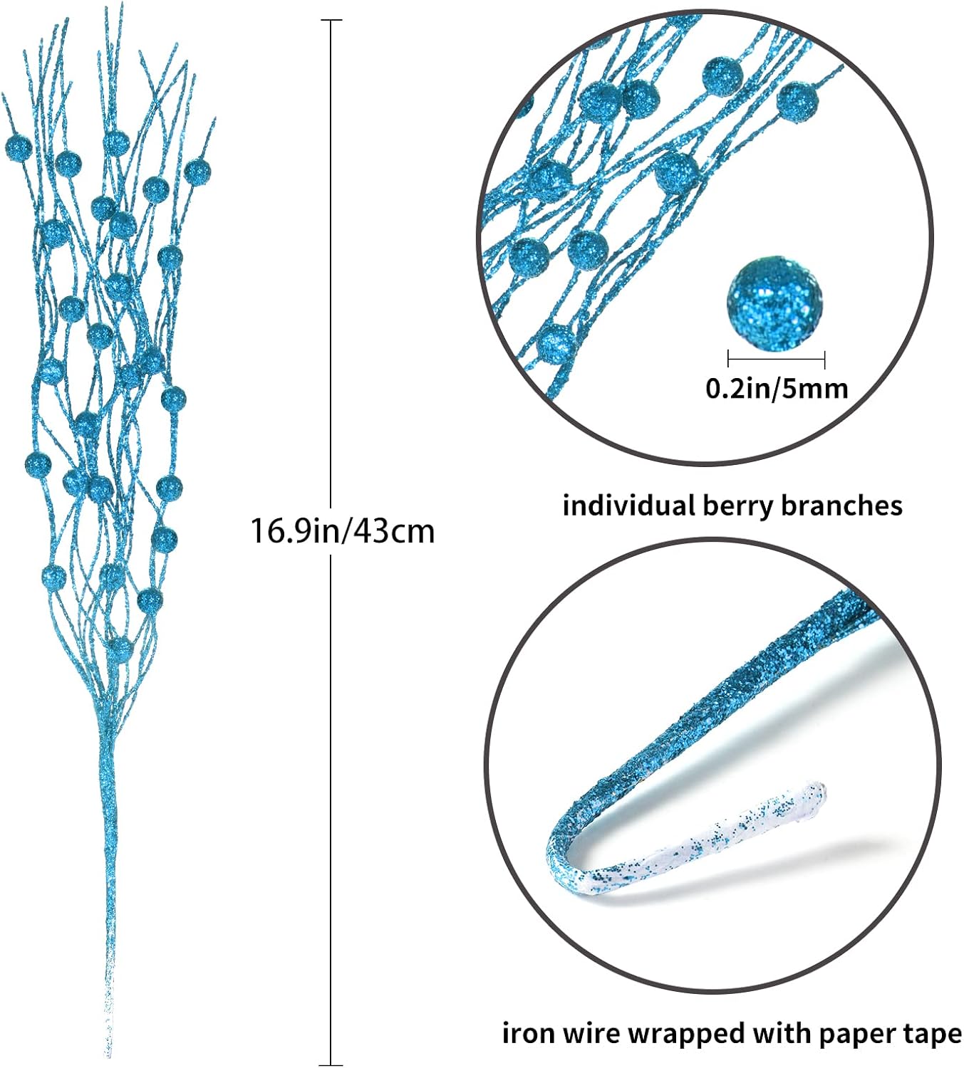 Losris Christmas Artificial Glitter Berry Stem Decorations Decorative Bead Sticks Xmas Picks Glittery Twigs Branches for Christmas Tree Wreath Gift Vase Decor Party Ornaments Blue 24 PCS