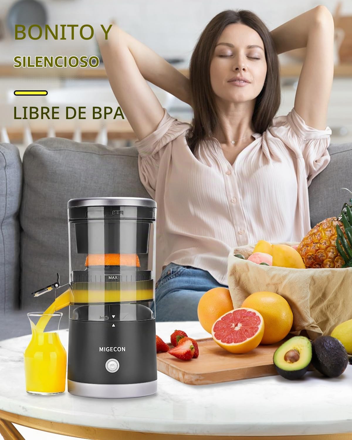 MIGECON Exprimidor Eléctrico de Naranjas, Batería portátil, Diseño a Drueba de Goteras, Adecuado para Frutas Cítricas, con USB y Cepillo de Limpieza, Desmontable, 45W, Negro