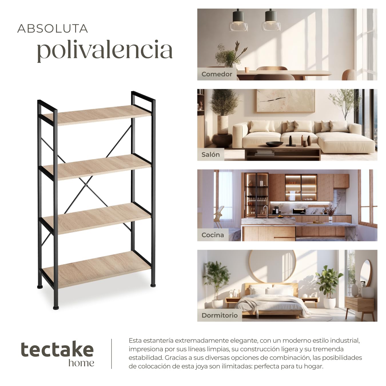 tectake® Estanteria Metalica de Estilo Industrial con Estructura Estable, Sistema Antivuelco, Estantería Madera para Oficina, Mueble Recibidor - Madera Industrial Clara, Roble Sonoma