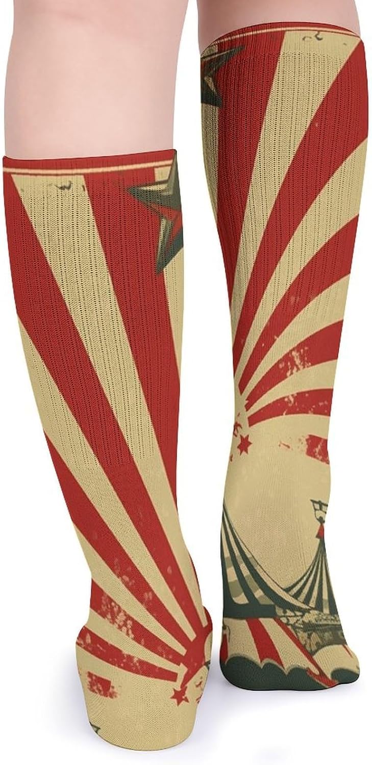 5-Pack Knee High Socks, 15.7 Inch Breathable Casual Socks Vintage Circus Background Stockings for Men Women