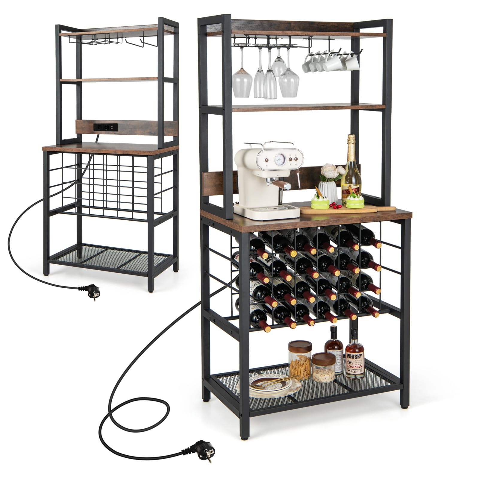 KOMFOTTEU Scaffale per vino con prese e USB per 24 bottiglie e tazze, mensola da cucina a 5 Ripiani con piano di lavoro, scaffale multiuso per più dispositivi, portabottiglie per vino 76 x 48 x 163 cm