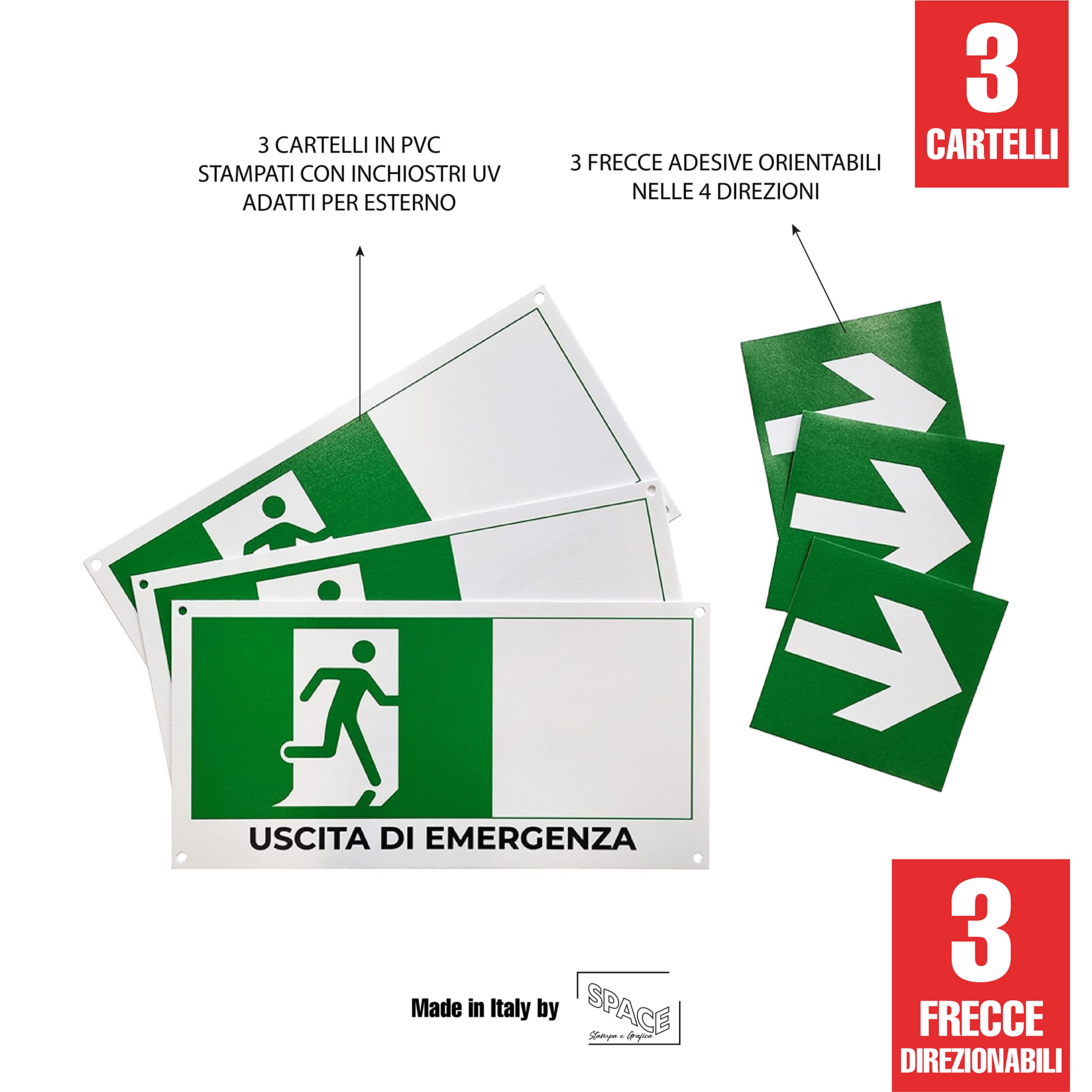 SPACE - 3 Cartelli uscita di emergenza 30 x 15cm in PVC con Frecce Direzionabili per negozio e azienda uscita di sicurezza