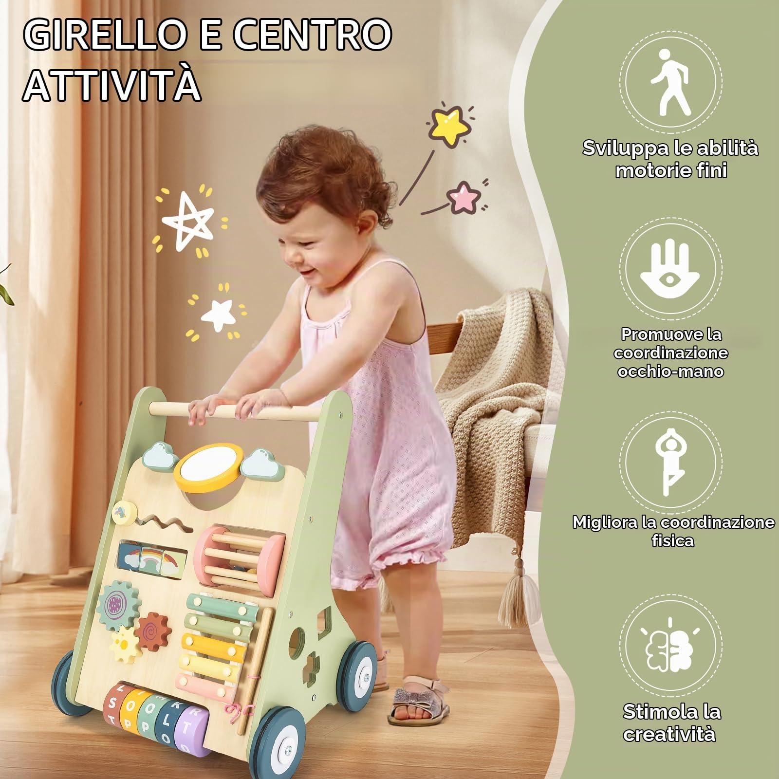 Carrello Primi Passi Legno Bambini, Giochi Montessori 12+ Mesi | 10 Attività Sensoriali, Velocità Regolabile, Xilofono Labirinto Perle Specchio, Regalo Bambini e Bambine