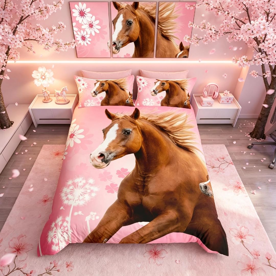 Homemissing Girly Horse Comforter Cover King Size for Kids Teens,Girls Galloping Horse Bedding Set Farmhouse Safari Animal Pattern Duvet Cover Child Bedroom Pink Dandelion Nature Bedspread Decor — image 1