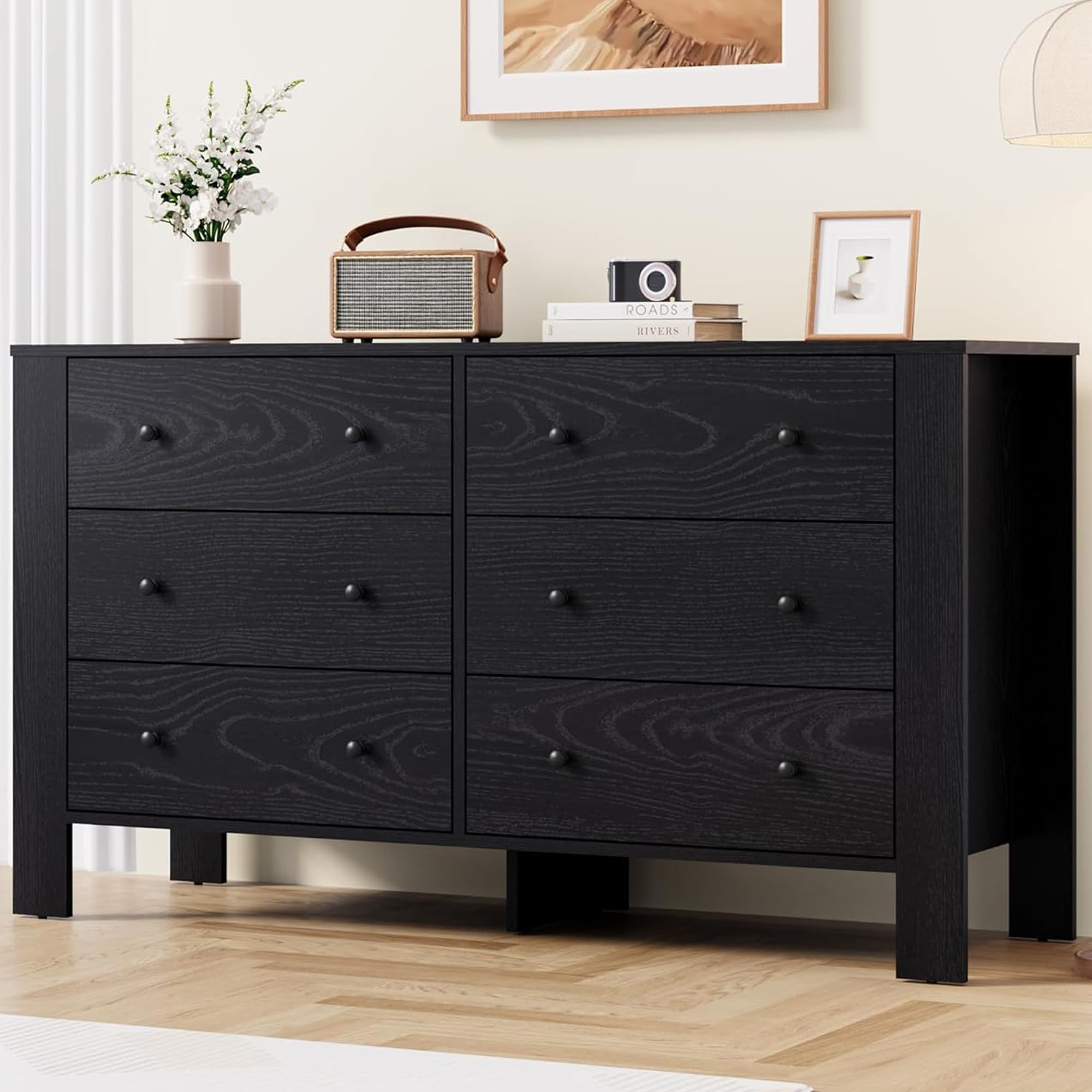 Photo 1 of MISSING HARDWARE****Garvee 6 Drawer Dresser for Bedroom – Modern Simply Chest of Drawers, Wood Storage Dresser with Deep Drawers for Living Room, Hallway, Entryway, Black
