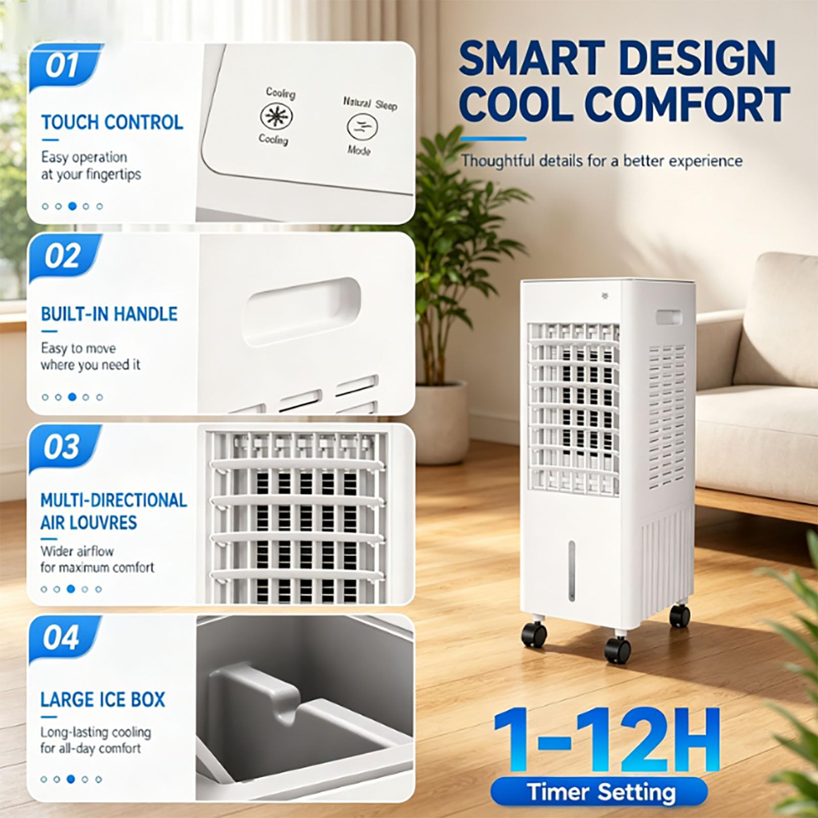 4-in-1 Portable Air Cooler, 12L Evaporative Air Conditioner No Hose, with 4 Ice Packs, 3-Speed Fan, Quiet Operation, 7.5H Timer, Humidifier & Air Purifier, Remote Control for Home & Bedroom