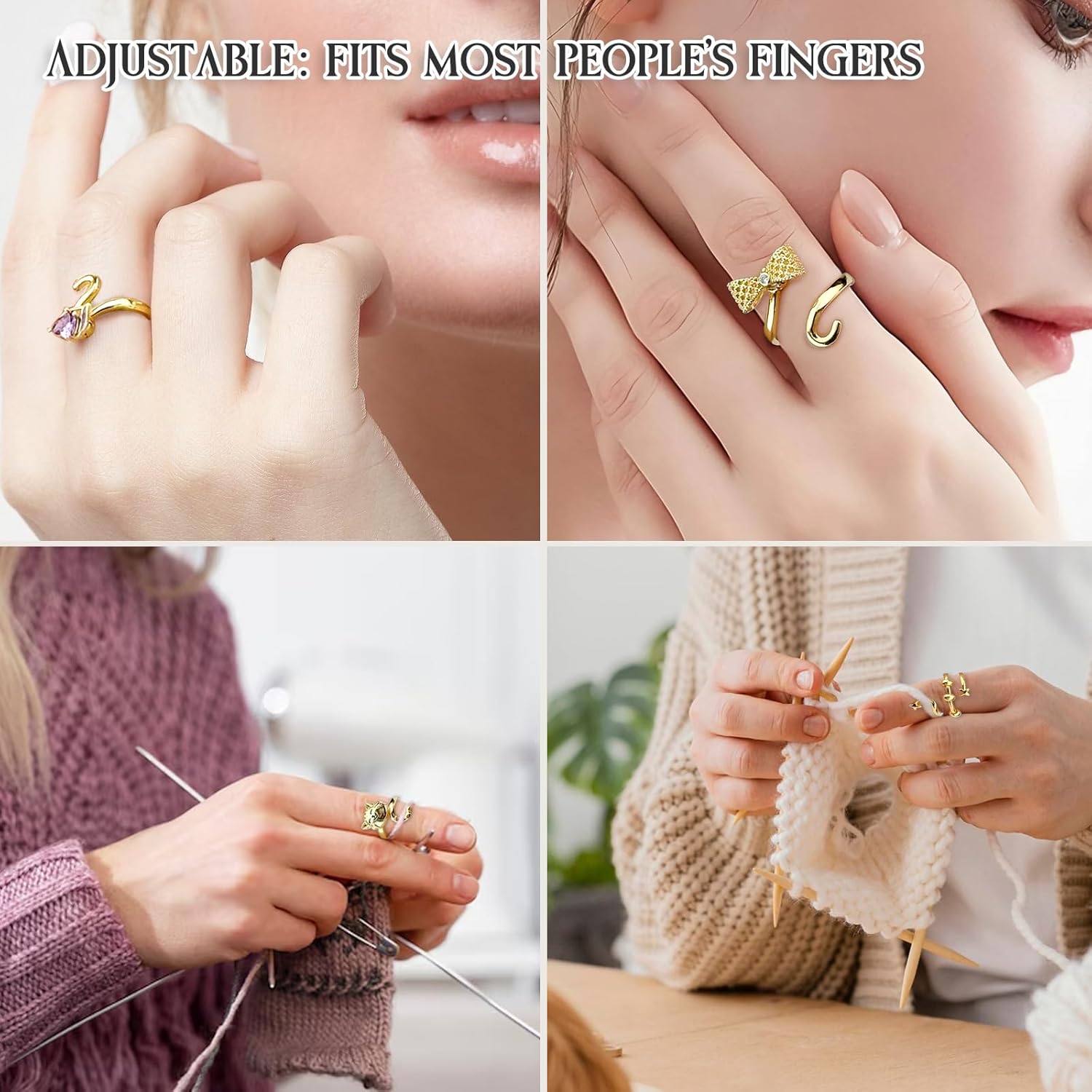 9 Pcs Fidget Rings for Women, Adjustable Spinner Anxiety Ring Set,Open CZ Cat Flower Star Moon Relief Spinning Rings for Adults - Image 6