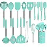 Silicone Cooking Utensil Set, Umite Chef 15pcs Silicone Cooking Kitchen Utensils Set, Non-stick - Best Kitchen Cookware with Stainless Steel Handle - Green