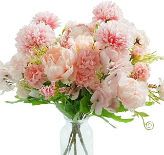 4 Packs Pink Mixed Artificial Flowers-Fake Peonies Silk Mums and Hydrangea Bouquet for Bridal,Faux Floral Arrangements for Home Décor Coffee Table Centerpiece House Wedding Decoration