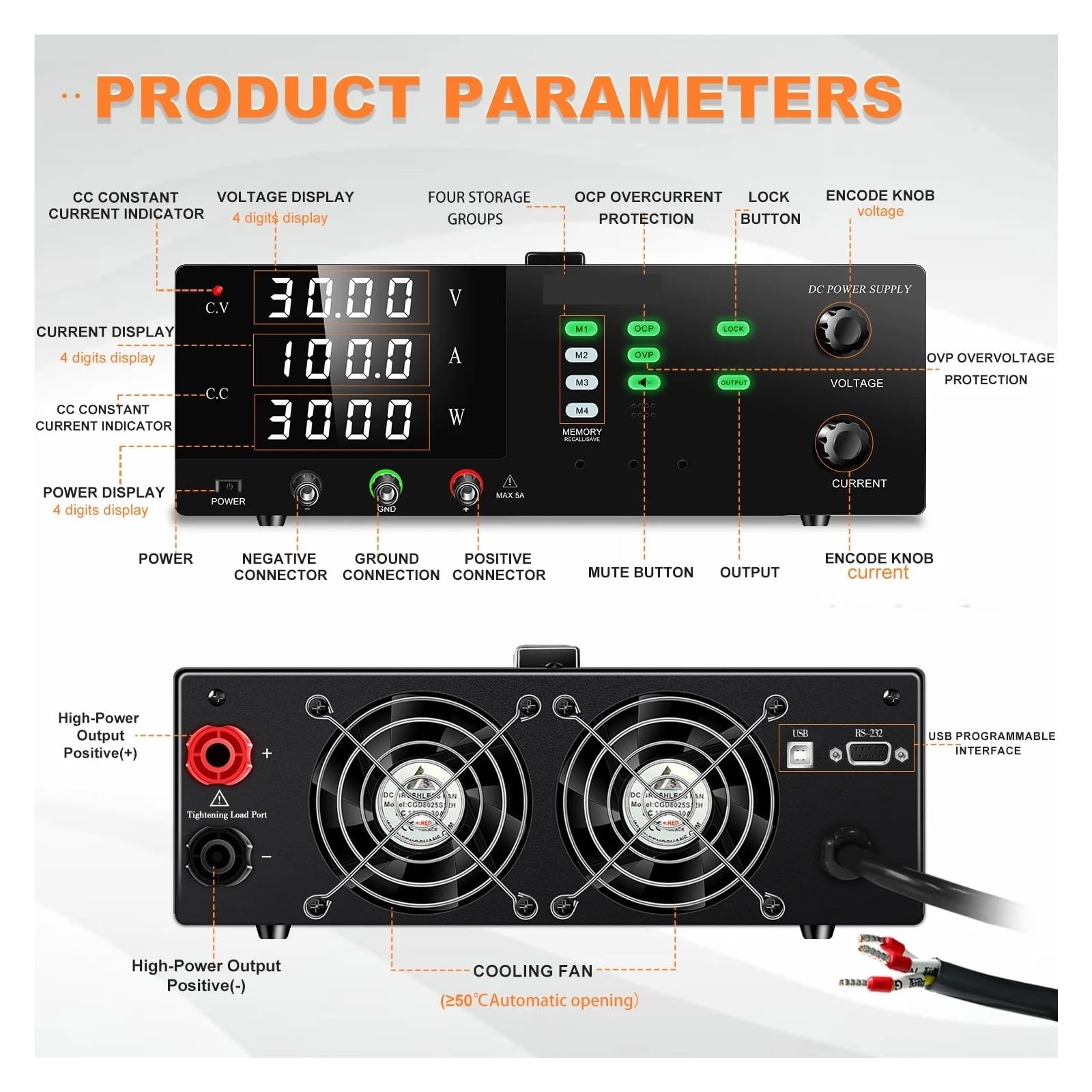 Alimentation de laboratoire haute puissance 3000 W, 300 V 10 A, 200 V, 30 V 60 A, 60 V 10 A, port USB for connexion PC Avec fonction mémoire(R-SPS3060S-232)
