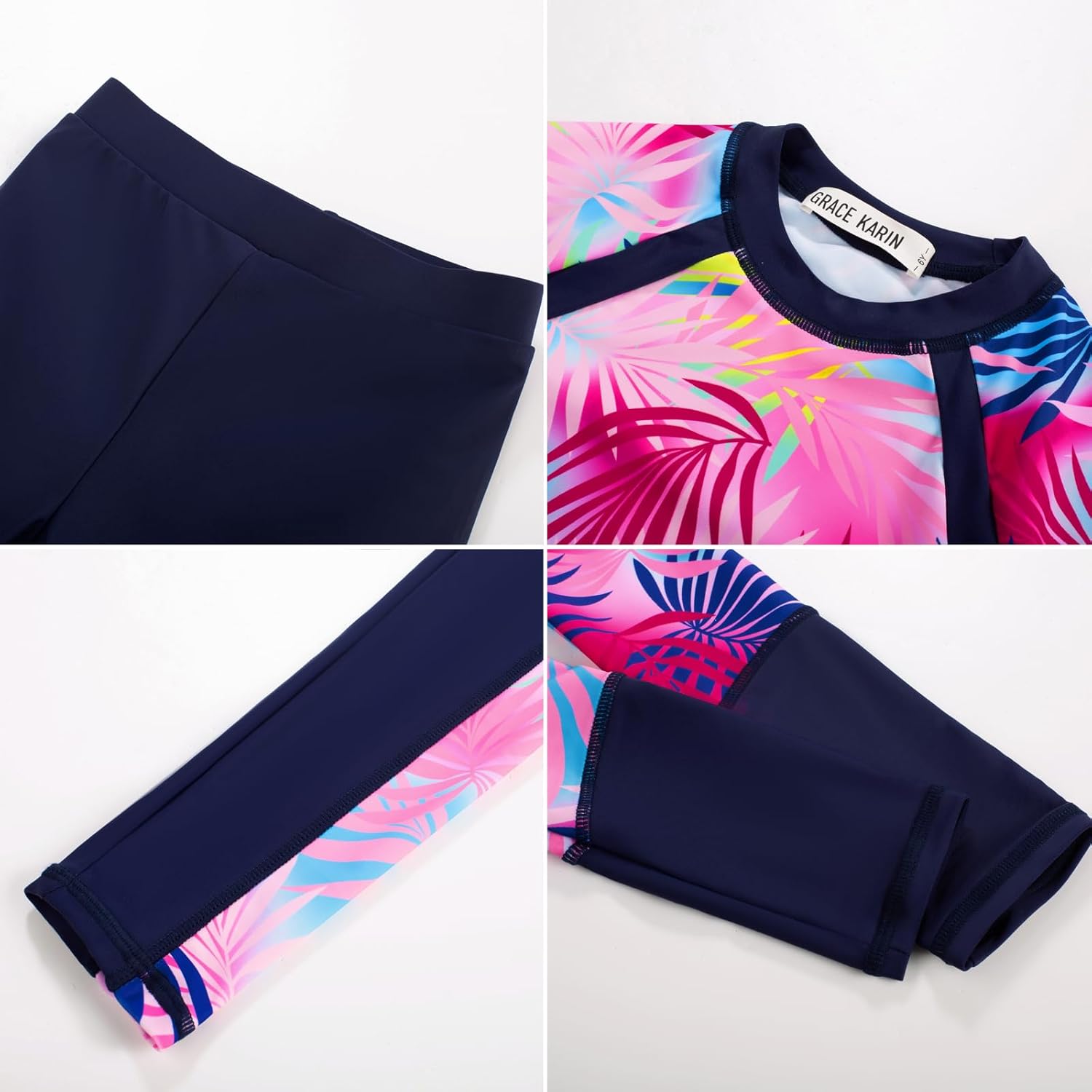 GRACE KARIN Girls Long Sleeve Swimsuit Two Piece Rashguard Floral Swimwear 6-14Y - Image 8