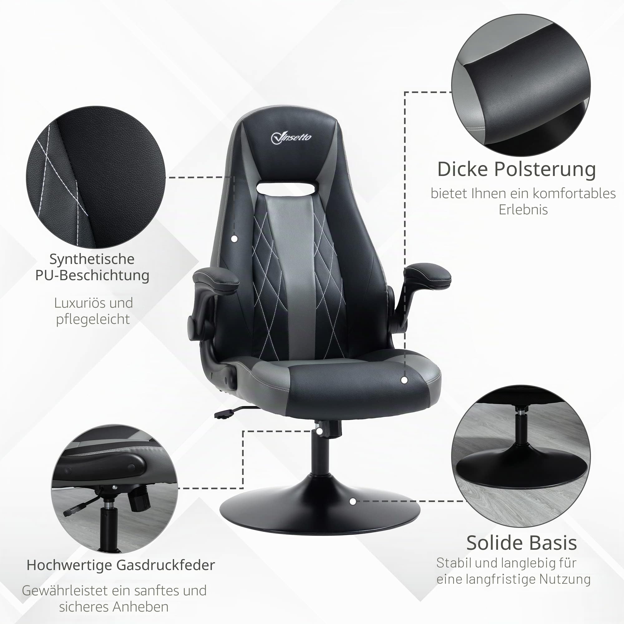 Vinsetto Ergonomischer Gaming-Stuhl mit runder Metallbasis 360° drehbar höhenverstellbar Kopfstütze hochklappbare Armlehnen PVC grau schwarz