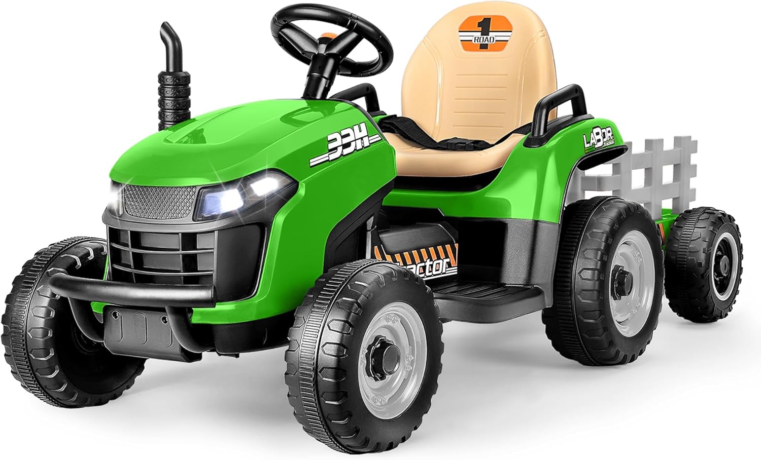 ARBELI 12V 7AH Ride on Tractor w/Tiltable Trailer & Remote Control, 2x45W Motors, Bluetooth, Music, Shifter, Electric Car for Kids Ages 2-5 (Green)