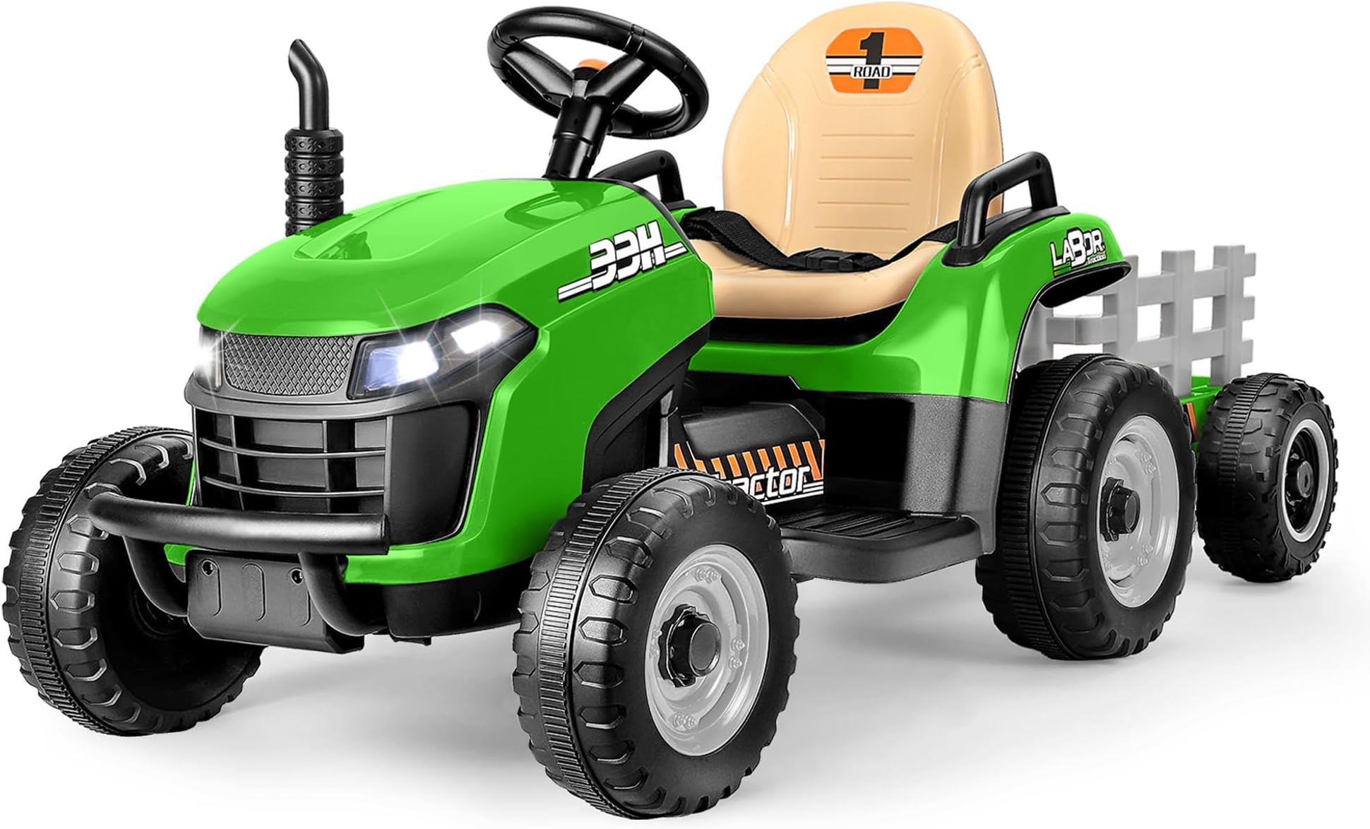 - 12V 7AH Ride on Tractor w/Tiltable Trailer & Remote Control, 2x45W Motors, Bluetooth, Music, Shifter, Electric Car for Kids Ages 2-5 (Green)