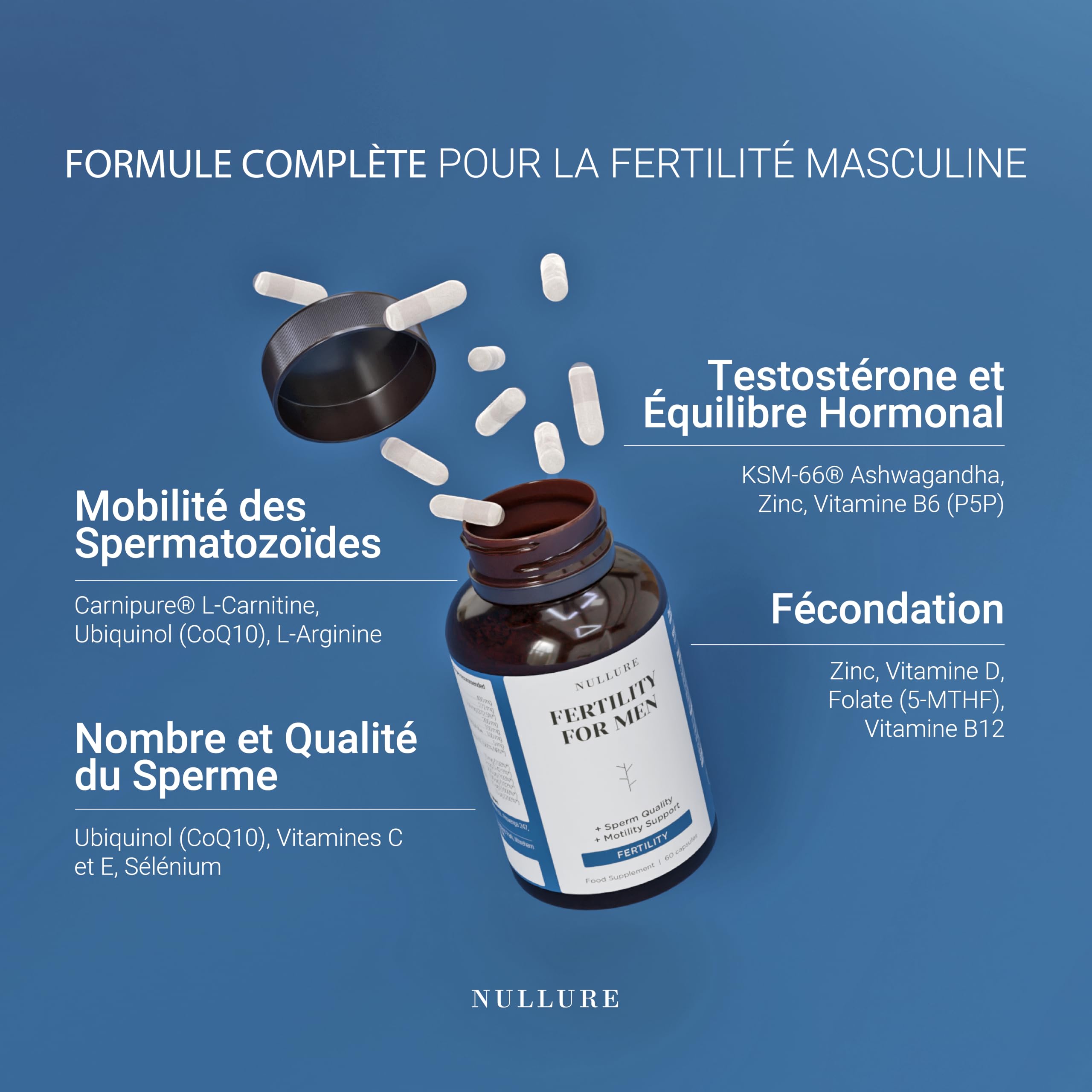Formule Fertilité Homme | Nullure | 120 gélules (2 mois) | Testé par tiers | Nombre & Motilité des Spermatozoïdes | L-carnitine + CoQ10 + L-arginine + Zinc | Sans additifs & Vegan | Fabriqué dans l'UE