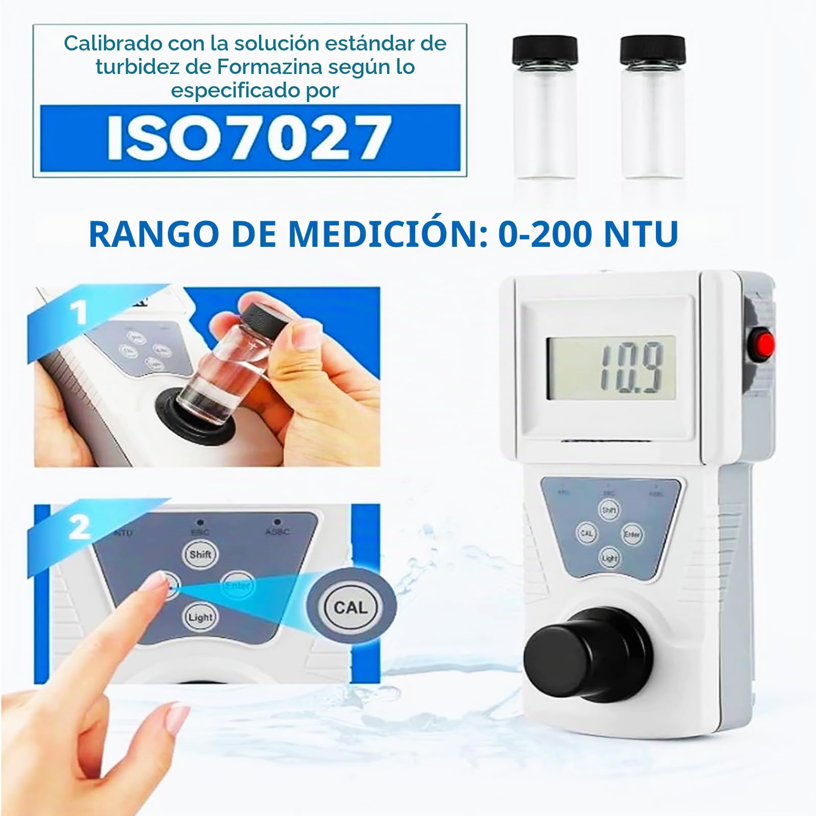 Medidor de Turbidez Portátil, Turbidímetro Digital de Mano con Retroiluminación, Rango de Medición Portátil, para Agua Potable, Piscinas y Laboratorios