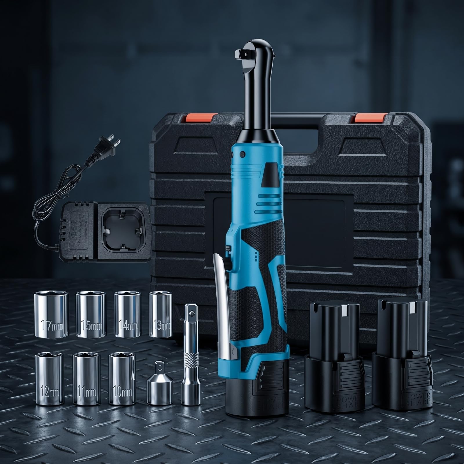 Ronyme Llave Carraca Eléctrica Inalámbrica con Cabezal Articulado para Reparación Automotriz y Proyectos Bricolaje con Estuche Transporte Rígido y Dos Baterías Litio, Amarillo