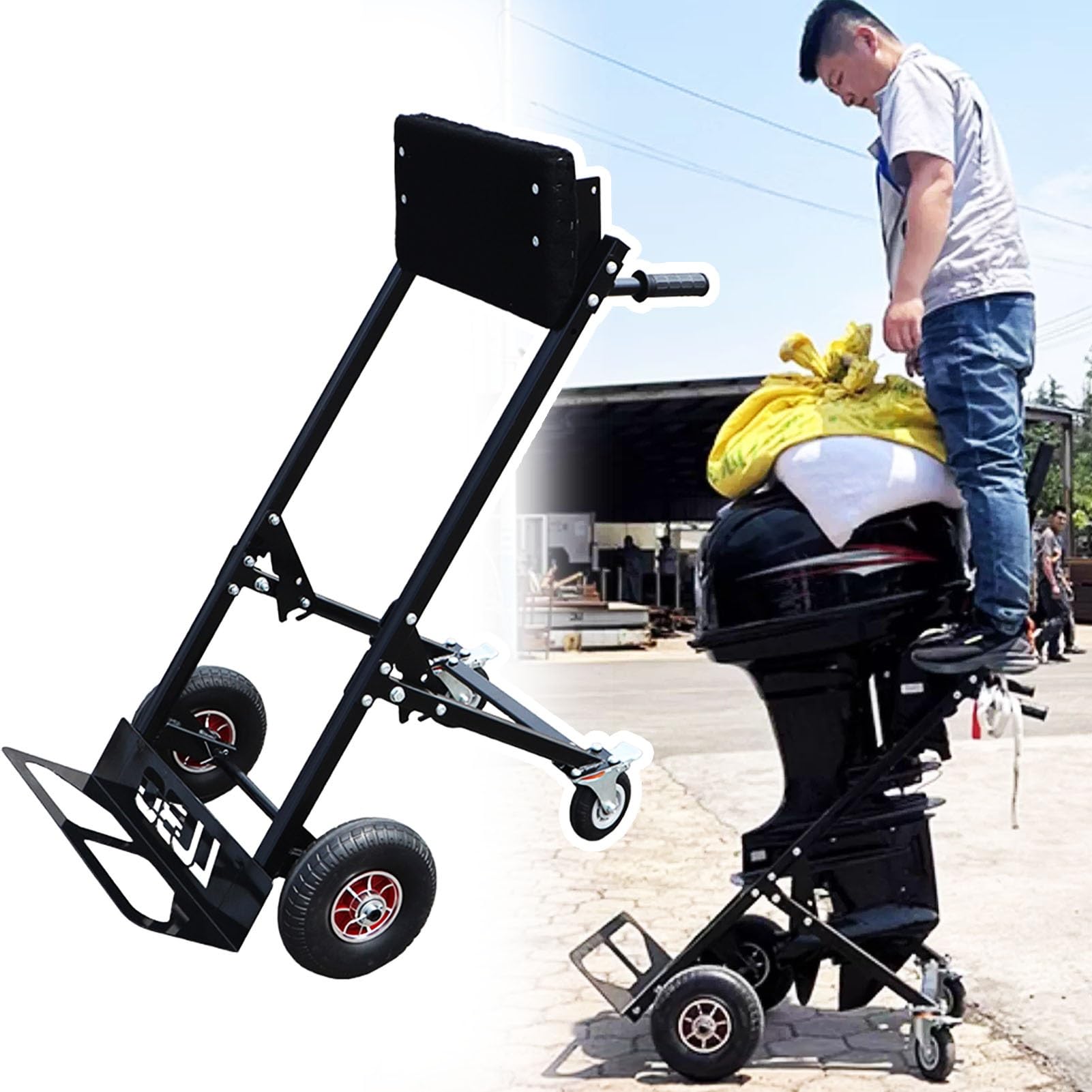 Carrello pieghevole per motore fuoribordo con ruote in gomma, supporto resistente per motori di piccole e medie imbarcazioni