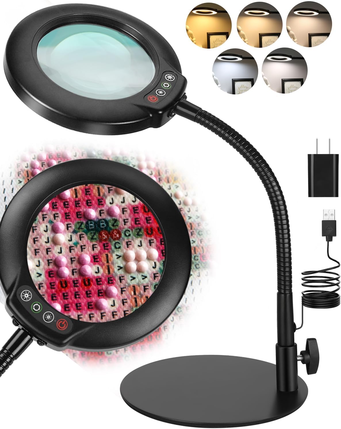 Veemagni 10X Magnifying Glass with Light, 5 Color Modes Stepless Dimmable Flexible Gooseneck LED Hands-Free Desk Lamp, Stand Lighted Magnifier for Crafts, Sewing, Reading, Painting, Hobby, Close Work Veemagni 10X Magnifying Glass with Light, 5 Color Modes Stepless Dimmable Flexible Gooseneck LED Hands-Free Desk Lamp, Stand Lighted Magnifier for Crafts, Sewing, Reading, Painting, Hobby, Close Work