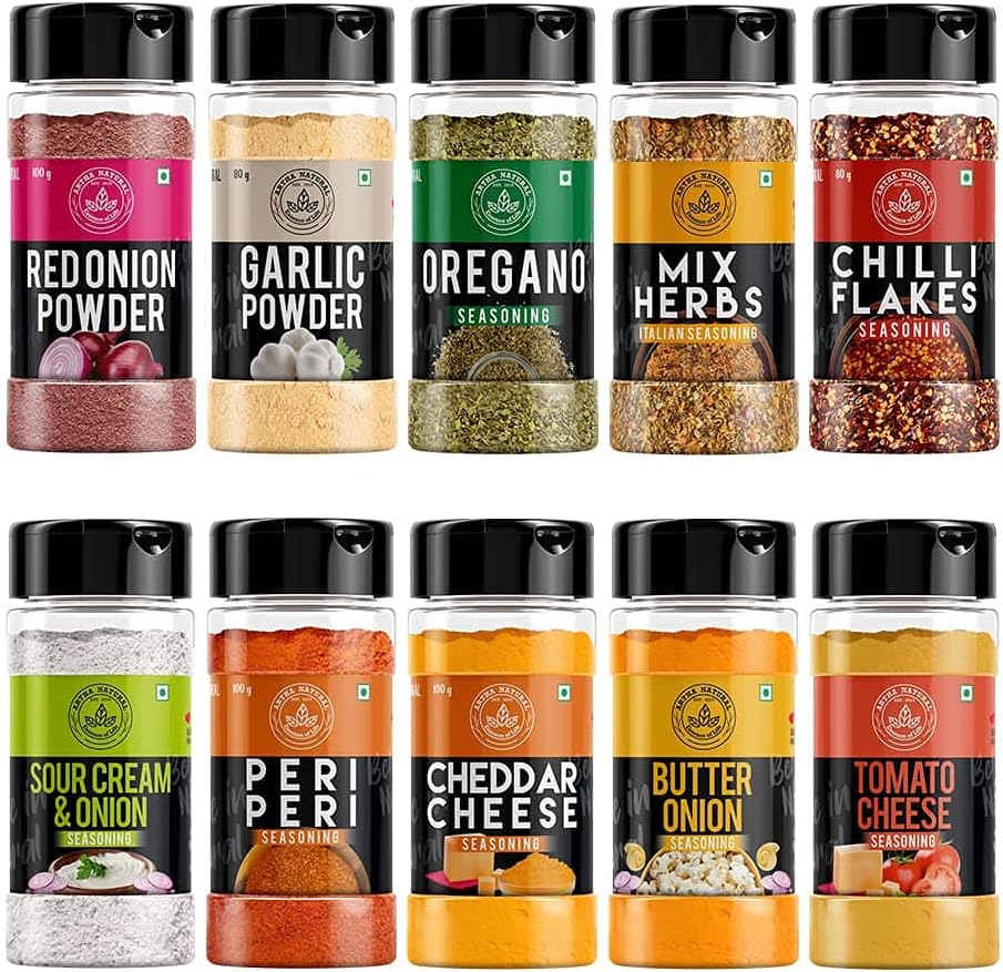 ARTHA NATURAL All in One Herbs and Seasoning-Onion Powder, Garlic Powder, Oregano, Chilli Flakes, Mix Herb, Cheddar Cheese, Peri Peri, Cheese Tomato, Butter Onion, Cream &Onion (10 in 1 combo) - 925g