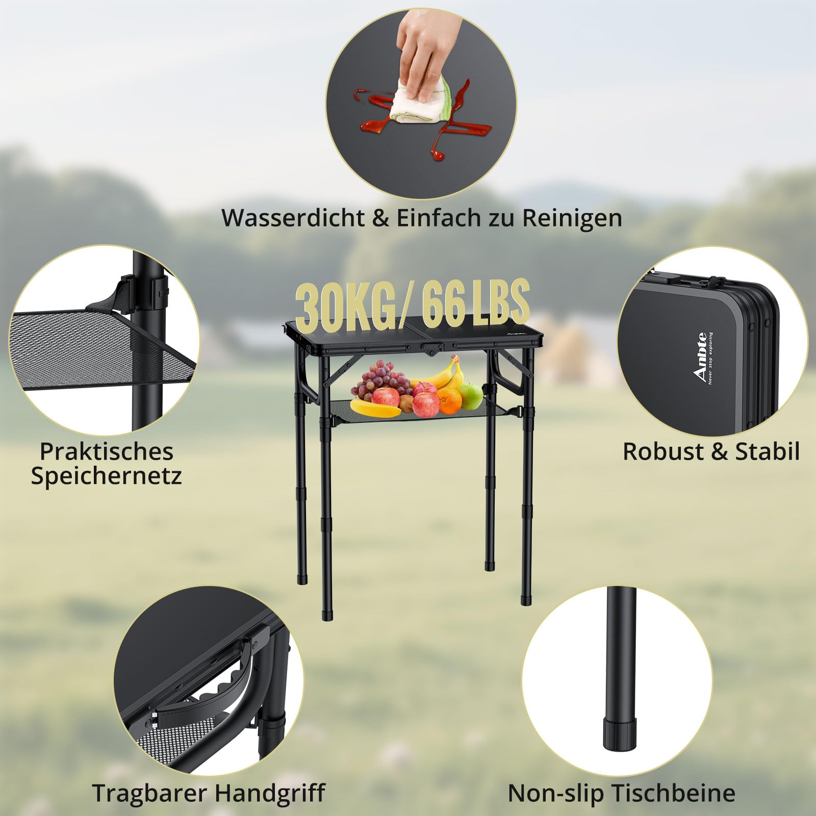 Anbte Campingtisch Klappbar 60x40cm Aluminium Rahmen 3 Höhenverstellbar 26/48/70cm Koffertisch mit Aufbewahrungsnetz Tragbar Picknicktisch für Camping Strand Balkon (Ganz Schwarz)