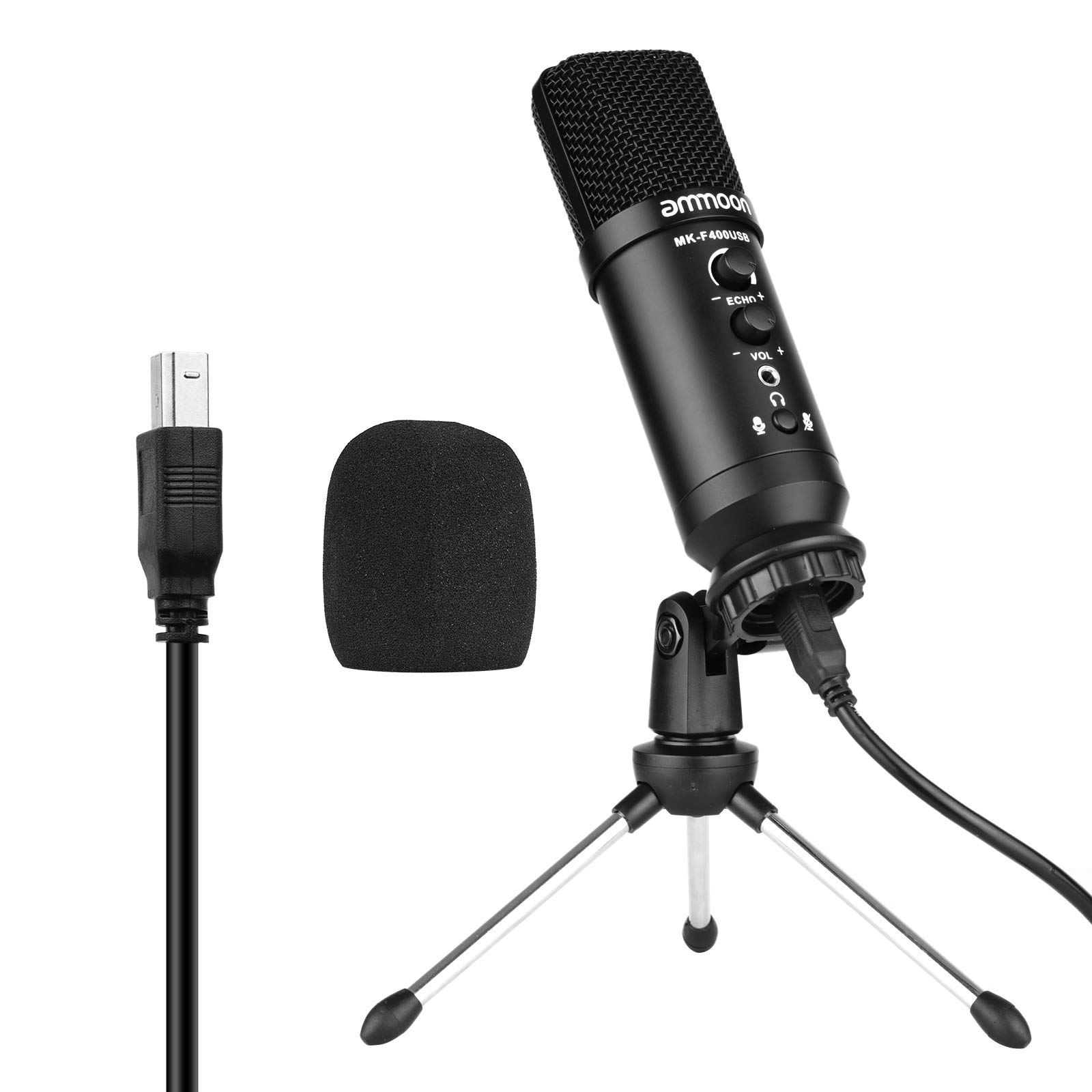 ammoon USB Condenser Microphone Computer Mic Kit with Mini Desktop Metal Tripod Stand Windscreen USB Cable for Music Recording Live Streaming Online Singing Meeting Teaching Game
