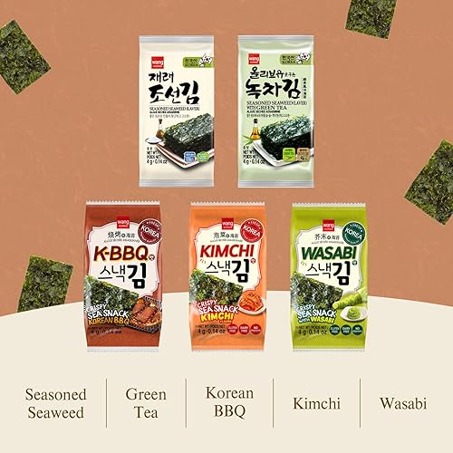 Miniatura 7 de Wang Bocadillo coreano de algas tostadas con sabor a Kimchi, aperitivo crujiente y saludable, paquete de 16